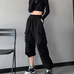 子复古多口袋高腰百搭束脚休闲裤 黑色炸街工装 宽松跳舞裤 女美式 裤