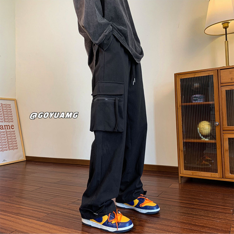 日系休闲工装裤男潮牌宽松直筒大口袋纯色百搭运动阔腿长裤子潮流