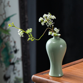 简约汝窑陶瓷花瓶新中式 饰摆件高级感水培花器 绿色梅瓶现代家居装