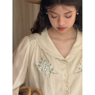 七与珍珠“一点点春风”淡人亚麻文艺风刺绣翻领长袖宽松衬衣女