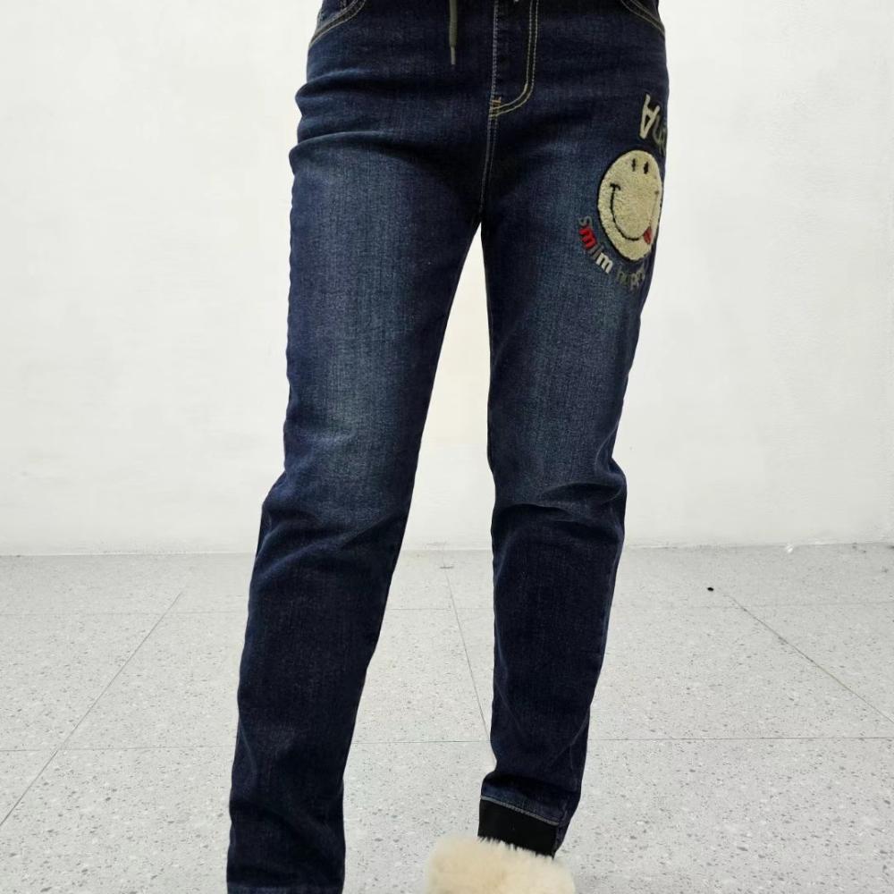 韩国Aurora冬季新款笑脸刺绣刷毛裤脚螺纹垮裤加绒加厚小脚牛仔裤