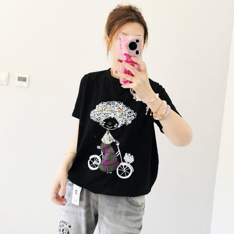 韩国进口ricco夏新款2026田园女孩贴布刺绣廓形纯棉短袖圆领T恤女