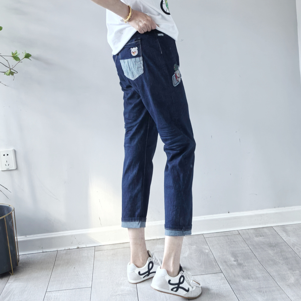 韩国进口夏季新款小熊刺绣超薄宽松微垮烟管直筒九分牛仔裤女