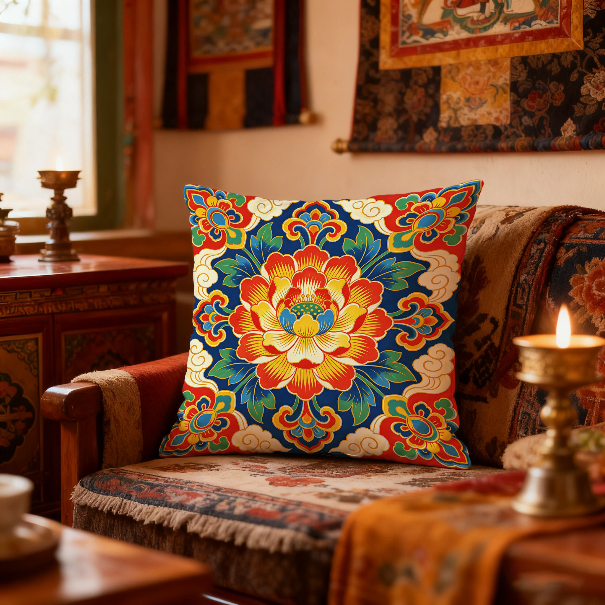 西藏莲花抱枕 布艺沙发靠垫   藏式民族风民宿家居装饰 独家设计