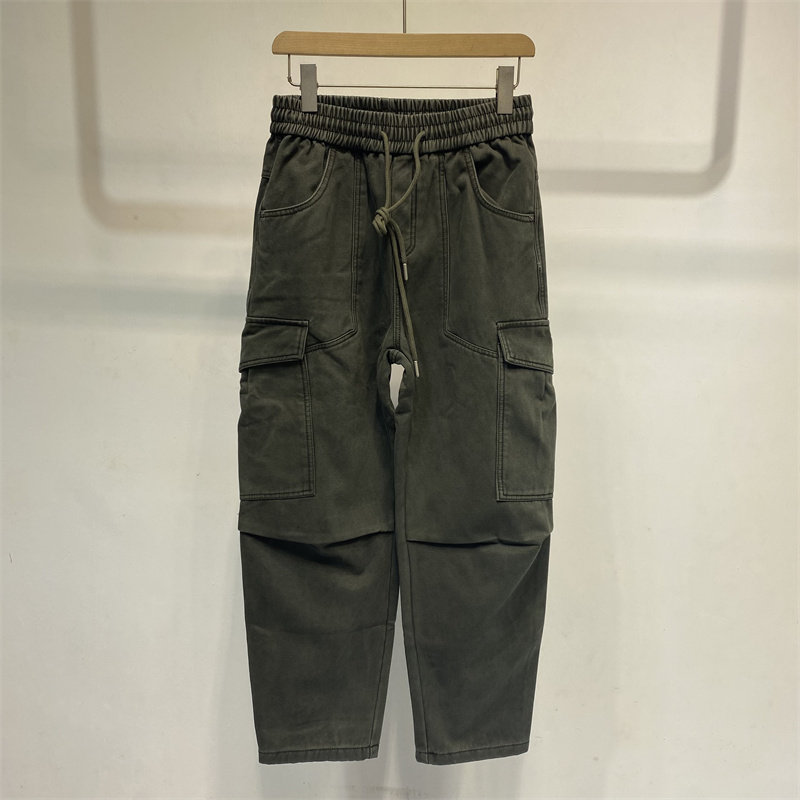 工装风军绿色多口袋休闲裤加绒