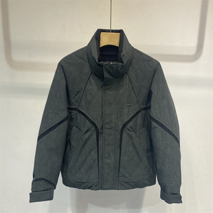 潮牌工装风立领短款羽绒服男军绿色拼接设计保暖外套5mm羽绒外套