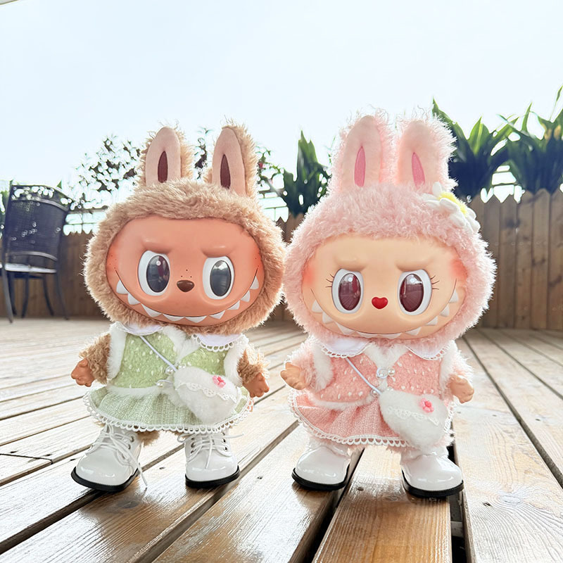 38cm拉布布毛绒娃娃衣服着替Labubu公仔MOKOKO甜心珍珠霜连衣裙装