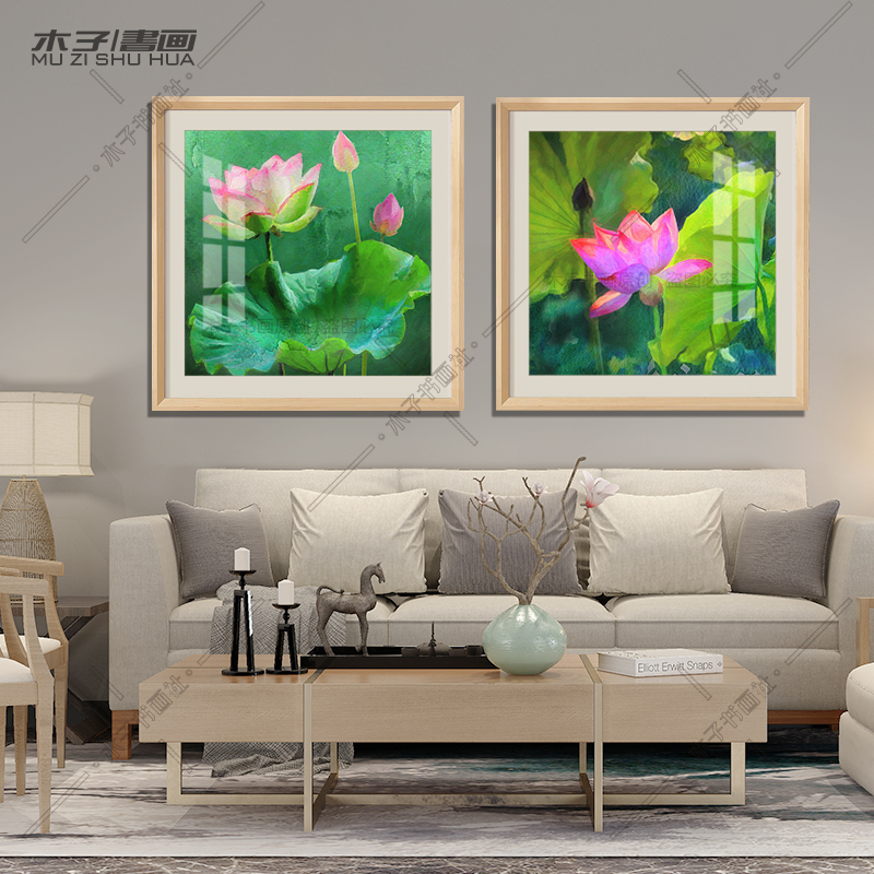 荷花客厅装饰画新中式和气生财花卉绿植玄关肌理家庭民宿挂画27图片