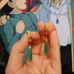 哈尔的移动城堡cos道具配件  仿玉石红绿水滴耳环复古民族风耳夹
