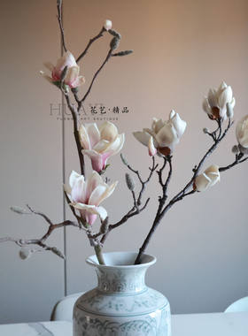 手感保湿复古色油画质感仿真玉兰花枝插花摆件客厅餐桌装饰花艺