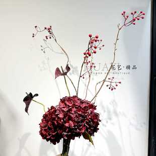 红色线条型插花树枝红果山归来仿真绣球花枝条家庭办公室装饰品