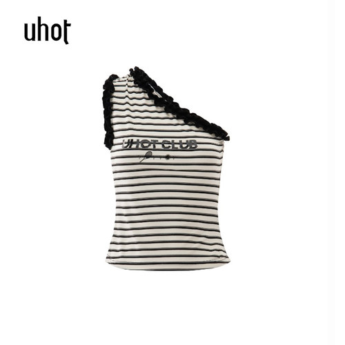 下单立减 uhot | 诱货女装正品26夏装 辣妹条纹露肩背心UWLR5N378
