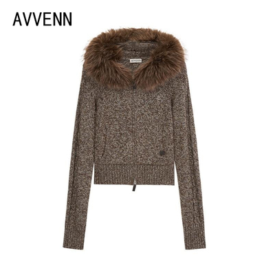 拍下立减 AVVENN | 正品26秋装 咖色毛毛领针织拉链开衫