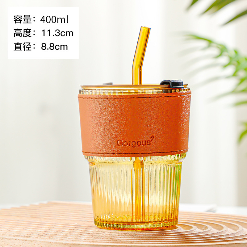 Companion gift, straw style vertical grain bamboo joint cup, customized logo, high aesthetic value, leather case, glass, college entrance exam refueling and inspirational gift (1627207:23982919838:Color classification:Smoke gray brown cover)