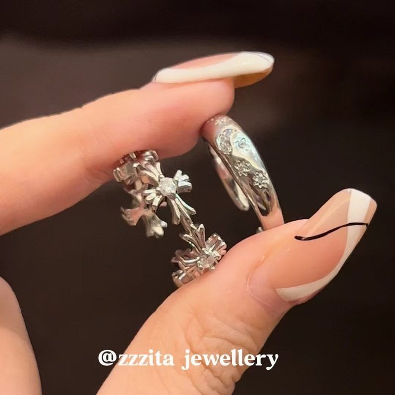 爆款网红 银色鸢尾花锆石十字架开口戒指女小众设计