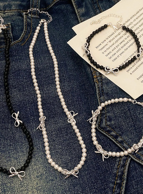 简约新款施家珍珠蝴蝶结项链手链套装小众高级感INS风复古毛衣链