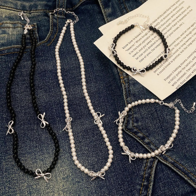 简约新款施家珍珠蝴蝶结项链手链套装小众高级感INS风复古毛衣链