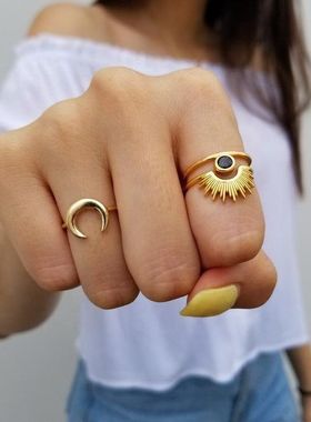 不锈钢欧美太阳花戒指18k镀金黑玛瑙戒指对戒小众冷淡INS