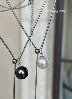 施家三色珍珠抽拉可调节长款秋冬毛衣链蛇骨轻奢简约小众项链