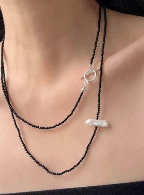 天然异形珍珠黑尖晶长款项链小众新中式轻奢叠戴双层毛衣链颈链