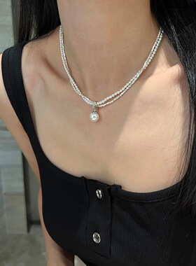 万能扣吊坠S925纯银碎银子施家强光珍珠双层项链小众设计锁骨链女