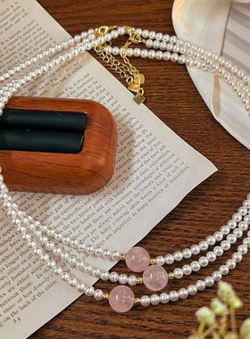 天然白施家仿澳强光珠粉晶正圆锁骨水晶珍珠项链链