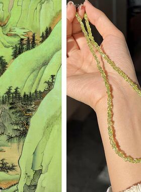 青绿山水 方糖天然石项链国风新中式方糖橄榄石粉水晶珍珠锁骨