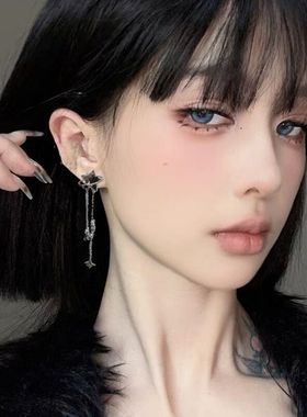 新款五角星星黑色水晶闪耀流苏耳环女好看轻奢精致耳坠高级感耳饰