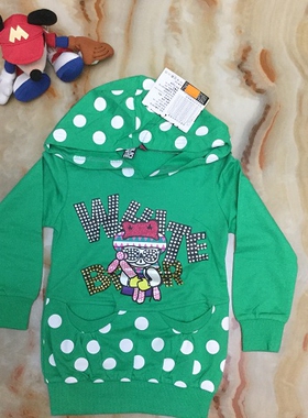 RR佛山店BW10257韩版女童熊印花带帽套头卫衣2023年秋季新款绿色
