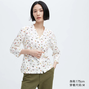 优家同款2024秋款女装防晒衣纯棉V领七分袖格子衬衫薄外套457303