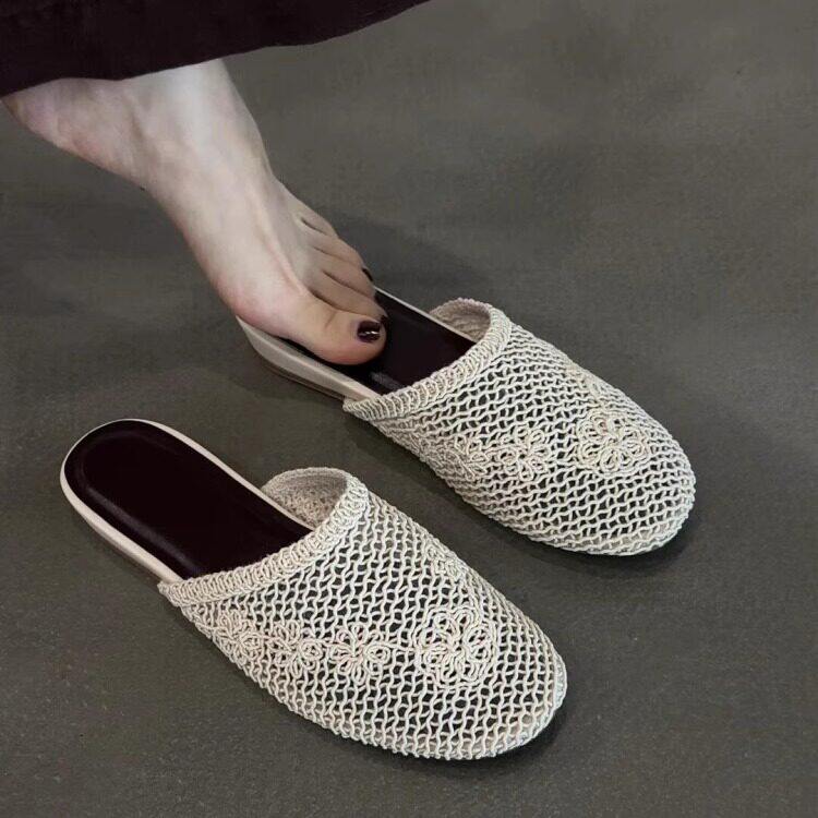 羊皮版~法式复古花朵编织懒人拖鞋时尚百搭圆头一脚蹬网面半拖鞋