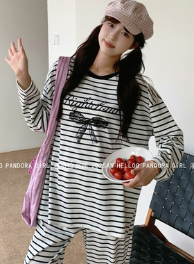 潘多拉女孩秋季长袖长裤外穿纯棉条纹蝴蝶结睡衣家居服套装 35002
