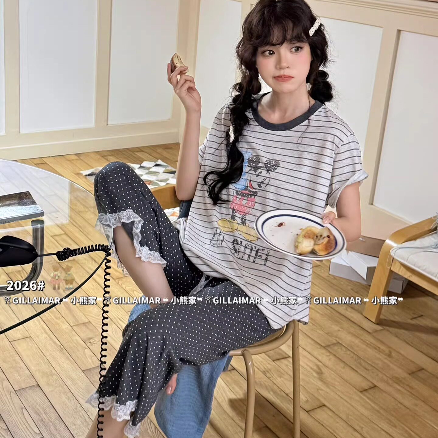 Gill Aimar小熊家睡衣女款夏季米奇条纹短袖八分裤家居服套装8530