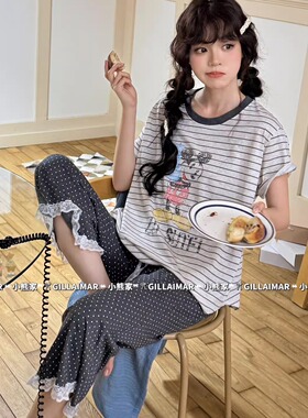 Gill Aimar小熊家睡衣女款夏季米奇条纹短袖八分裤家居服套装8530