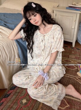 Gill Aimar小熊家居服短袖九分裤甜美花边小碎花睡衣套装女夏8553