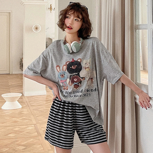 甜睡之旅家居服夏季薄款宽松可爱卡通短袖T恤条纹短裤睡衣套装女