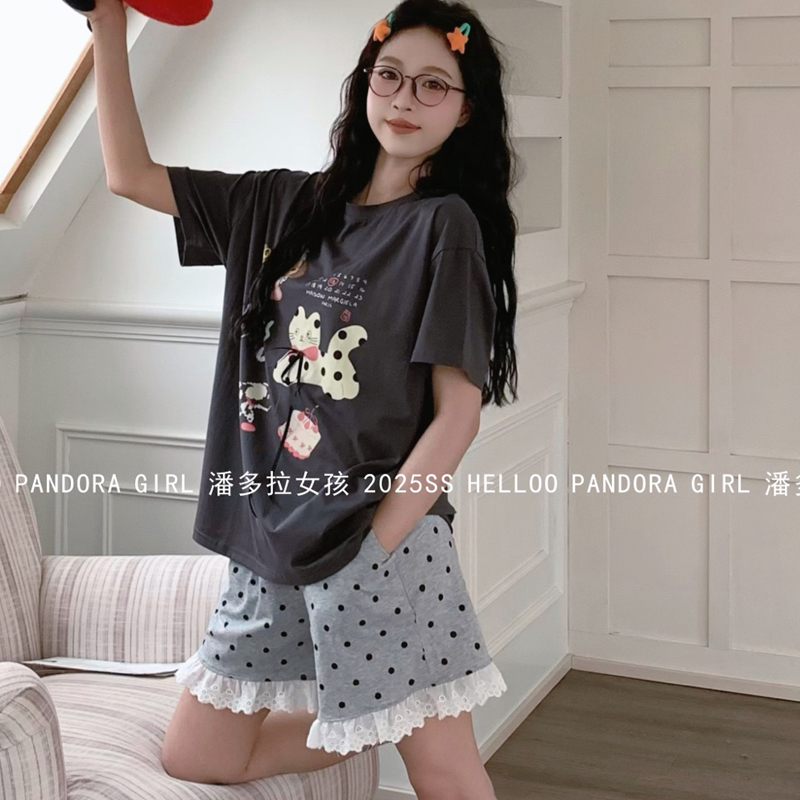 潘多拉女孩纯棉短袖睡衣夏波点短裤家居服套装卡通腊肠小狗 25102