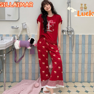 大红色本命年睡衣女喜庆家居服套装 Gill 长裤 短袖 Aimar小熊家春季