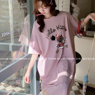 纯棉可爱卡通睡裙夏季短袖甜美蝴蝶结睡衣女款宽松大码家居服特价
