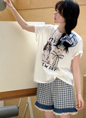 Gill Aimar小熊家睡衣女夏季短袖短裤卡通酷狗狗蝴蝶结家居服套装