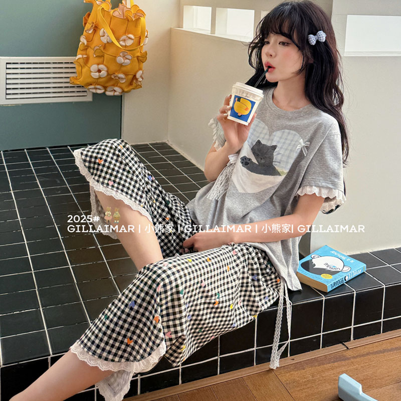 小熊家家居服夏季短袖八分裤蕾丝花边蝴蝶结爱心小猫格子睡衣套装