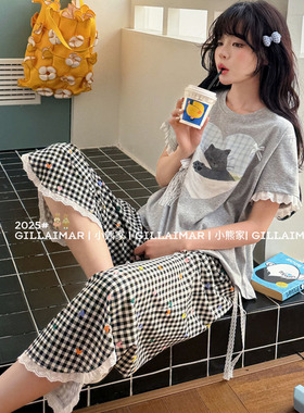 小熊家家居服夏季短袖八分裤蕾丝花边蝴蝶结爱心小猫格子睡衣套装