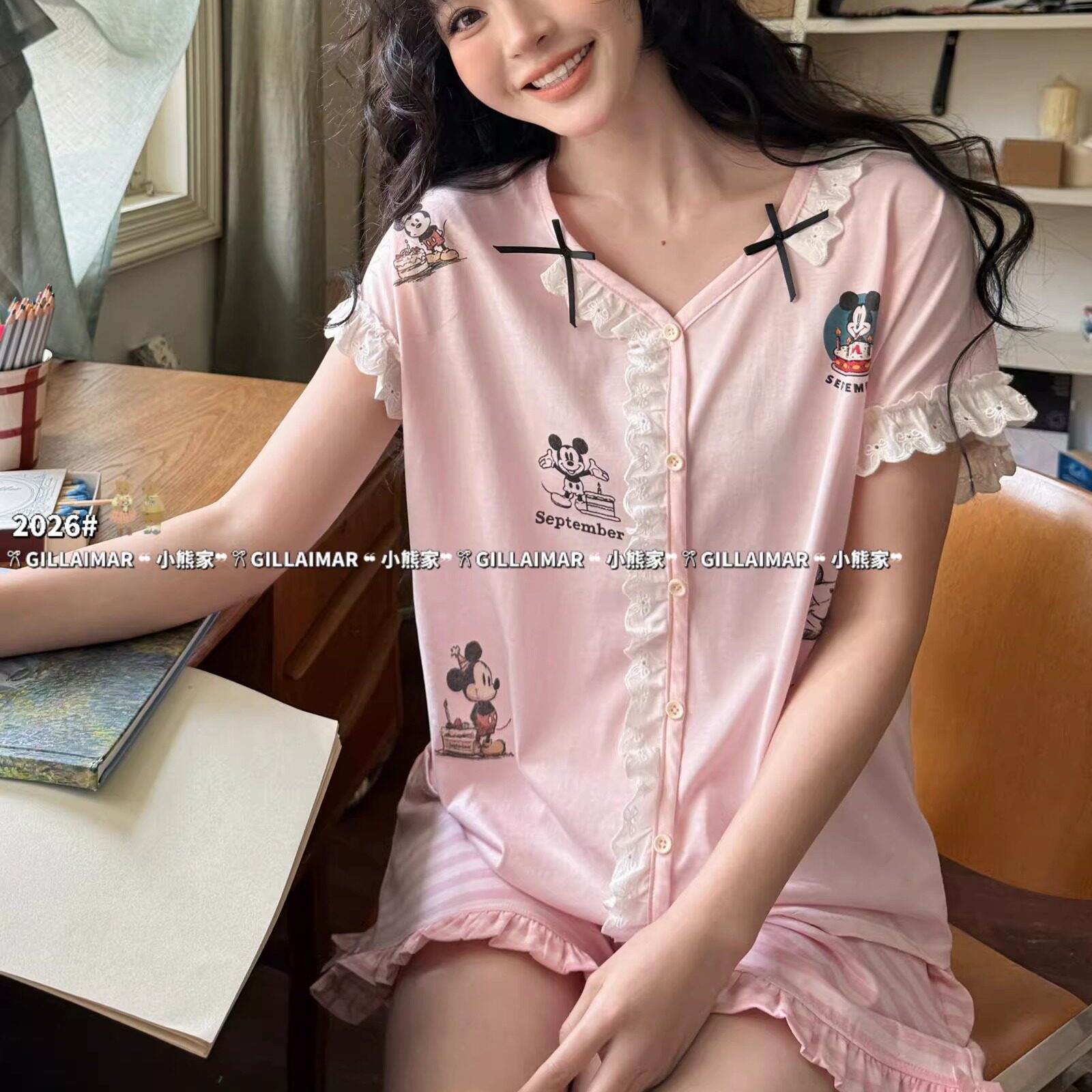 GillAimar小熊家睡衣女款夏季甜美花边条纹短裤V领家居服套装8601