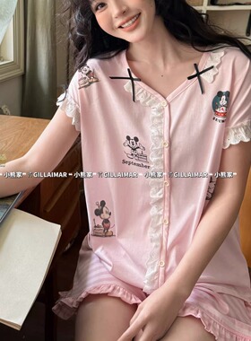 GillAimar小熊家睡衣女款夏季甜美花边条纹短裤V领家居服套装8601