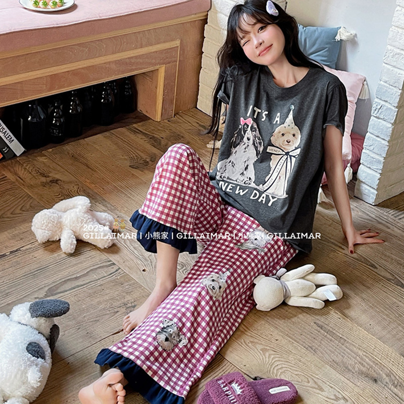 小熊家蝴蝶结小狗格子睡衣可外穿
