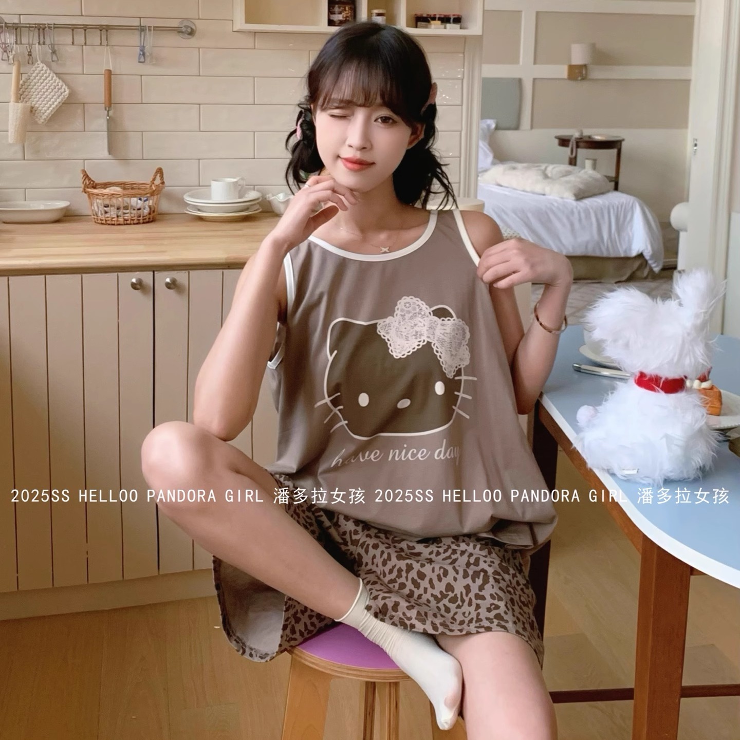 潘多拉女孩豹纹KT纯棉睡衣女夏季背心短裤套装可外穿家居服 25170