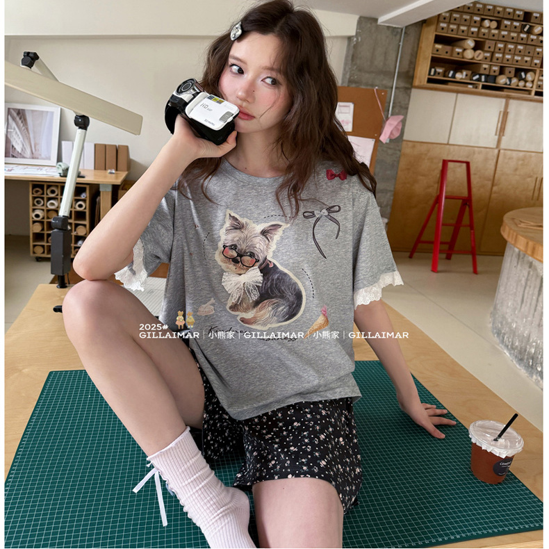 Gill Aimar睡衣女款夏季短袖可爱小狗休闲短裤家居服2025新款套装