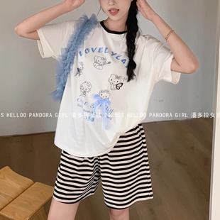 25153 潘多拉女孩纯棉睡衣女夏季 短袖 条纹短裤 休闲KT猫家居服套装