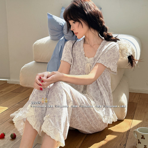 Gill Aimar小熊家睡衣女甜美碎花薄款丝光棉可外穿家居服套装夏季