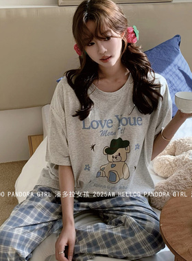 潘多拉女孩短袖长裤薄款纯棉睡衣夏卡通小熊格子家居服套装 26029